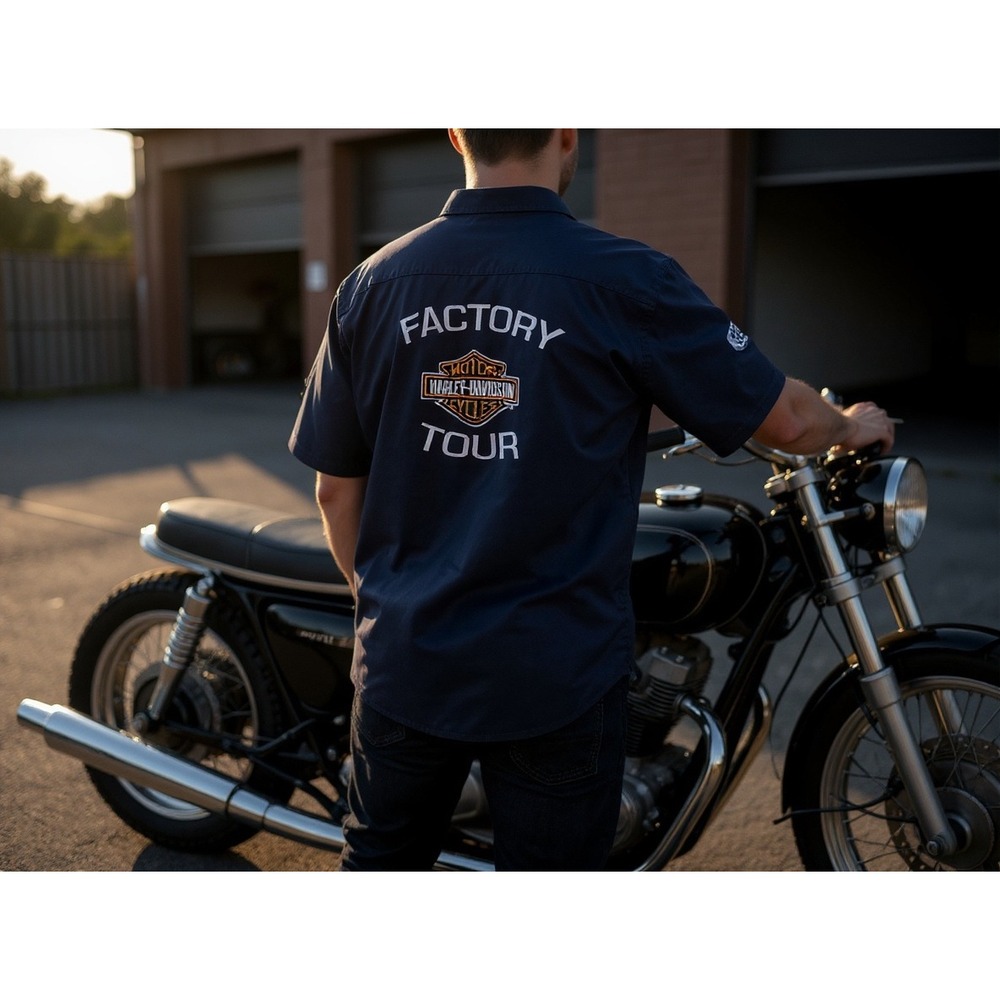 Harley Davidson‎ Factory Tour Short Sleeve Work Shirt Mens Large Blue Buell moto